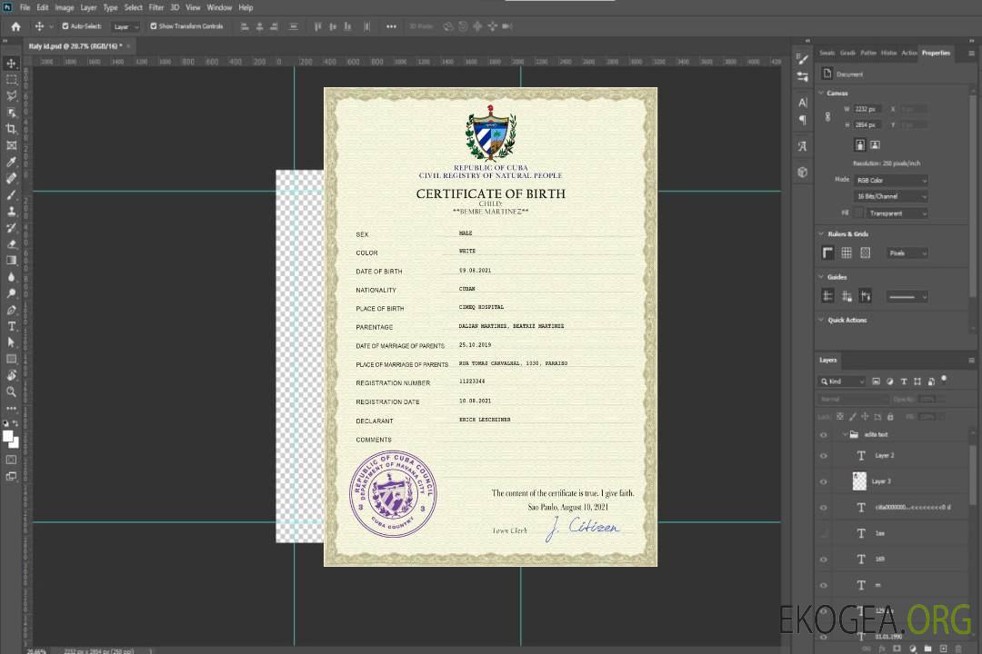 Modèle PSD de certificat de naissance de l'état civil de Cuba template Modèle PSD de certificat de naissance de l'état civil de Cuba template